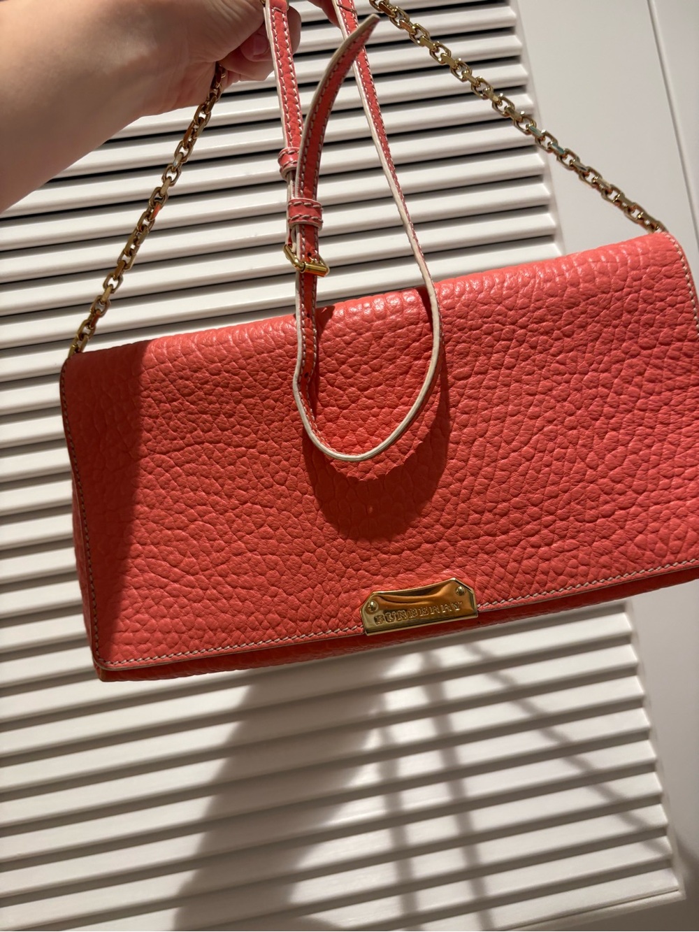 Burberry Coral Pebbled Leather Shoulder Bag with Gold Chain
